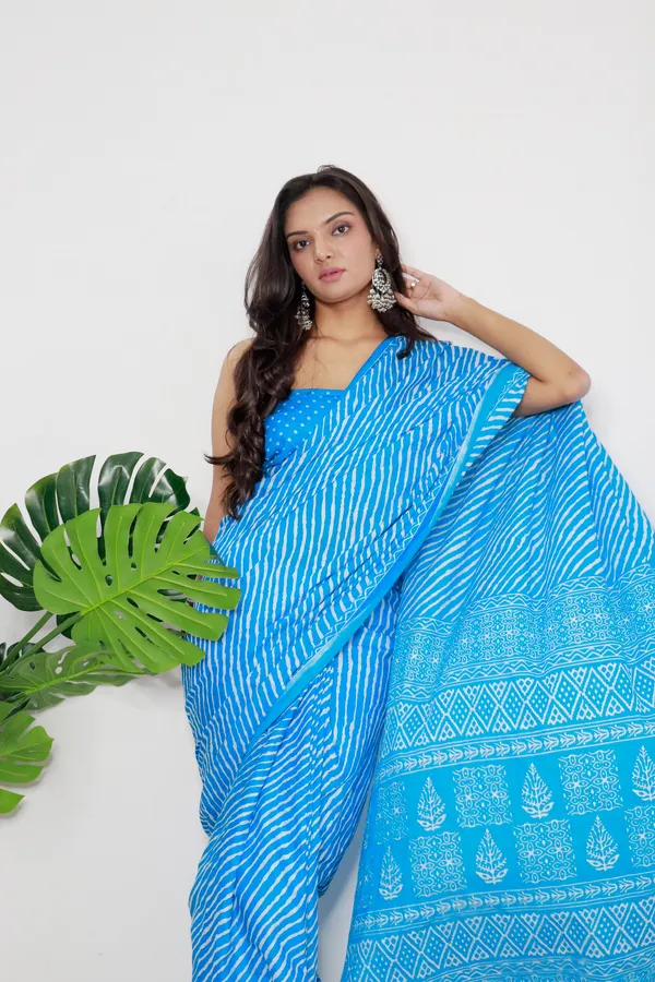 HANDICRAFT_WOMEN'S_LEHARIYA_PRINT_PURE_SOFT_COTTON_SAREE_WITH_BLOUSE_PIECE_With_Blouse_Piece